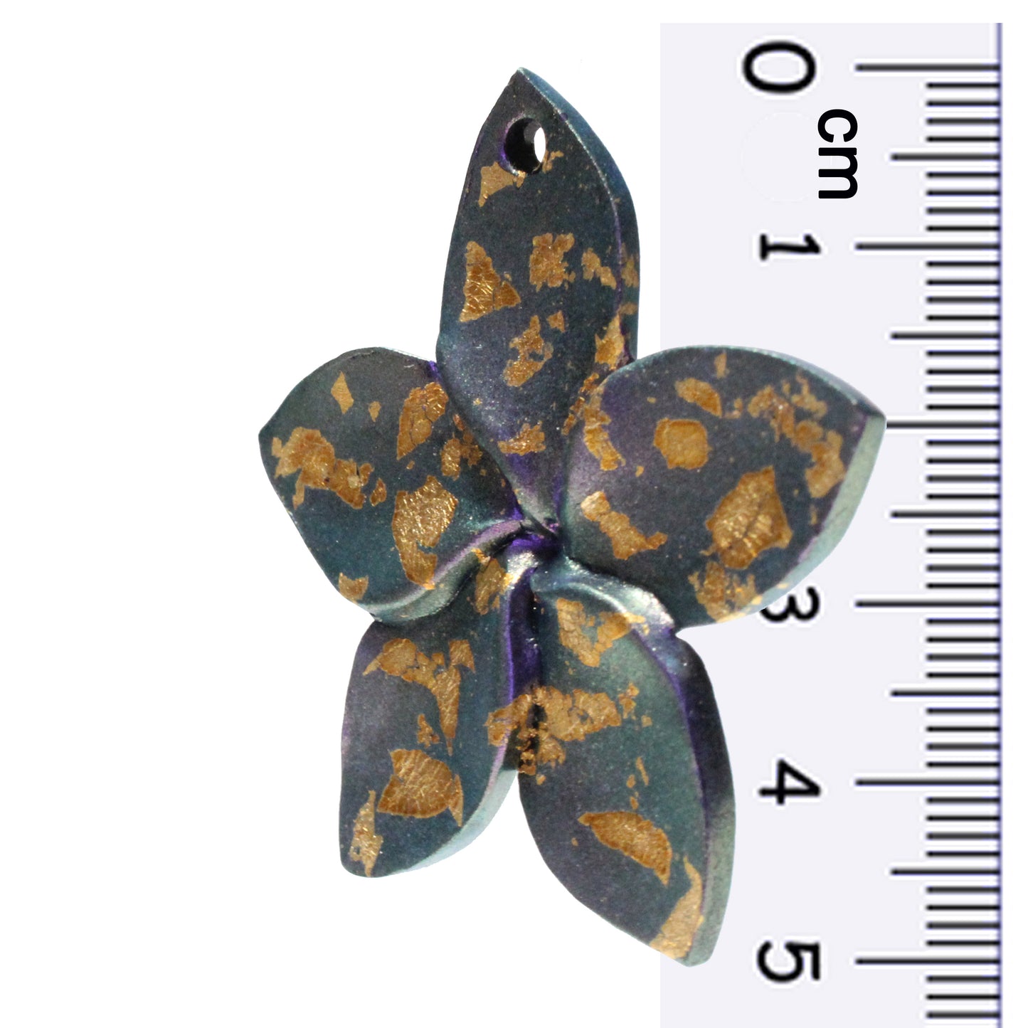 Large Plumeria Flower Charm / purple with golden metallic flakes / handmade polymer clay / 50mm diameter