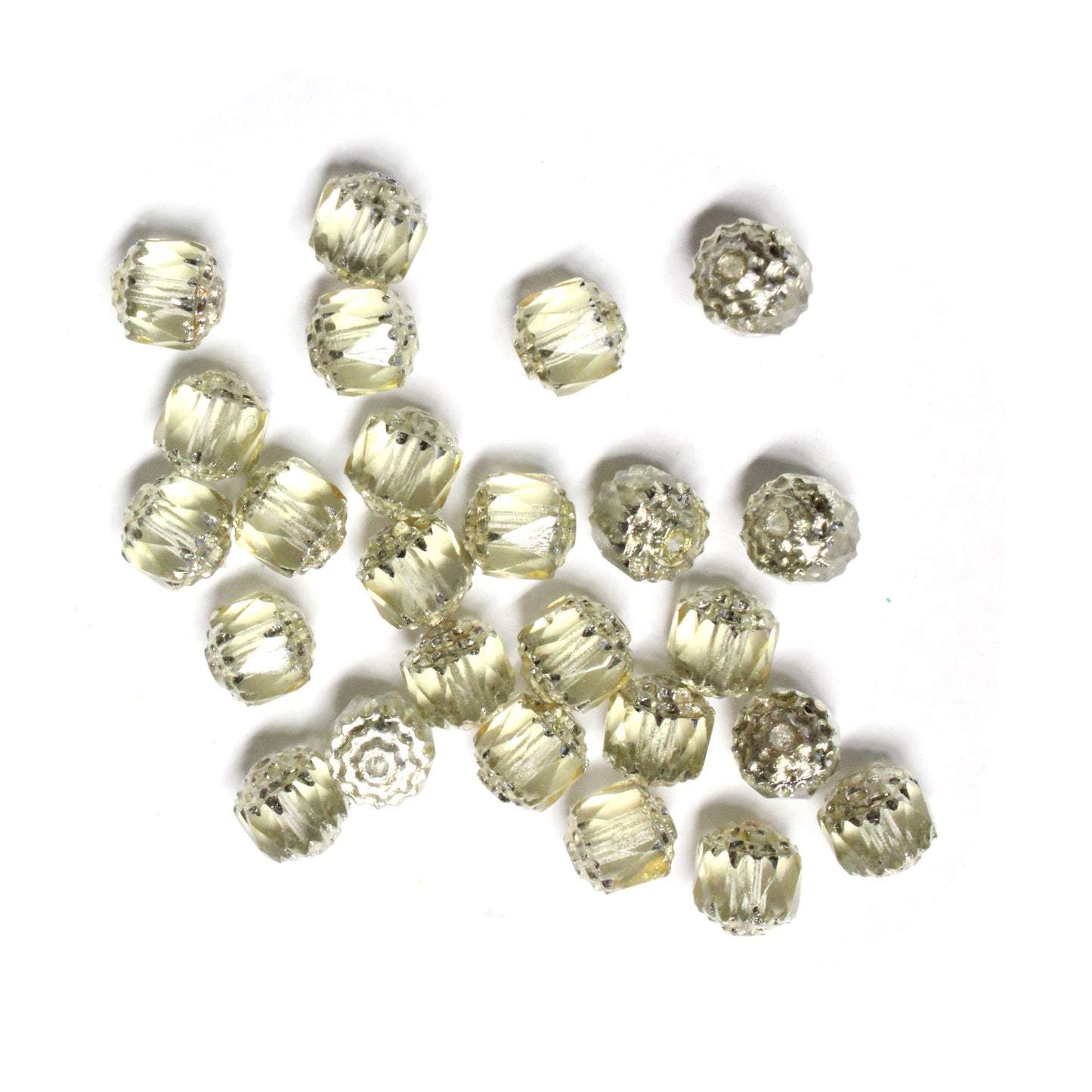 8mm Olivine Green Lantern Beads / Silver Coated Ends / 25 Bead Pack