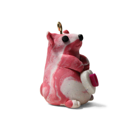 STRAWBERRY LOVE HAMSTER Polymer Clay Charm / red and white / eyelet for attaching jump ring