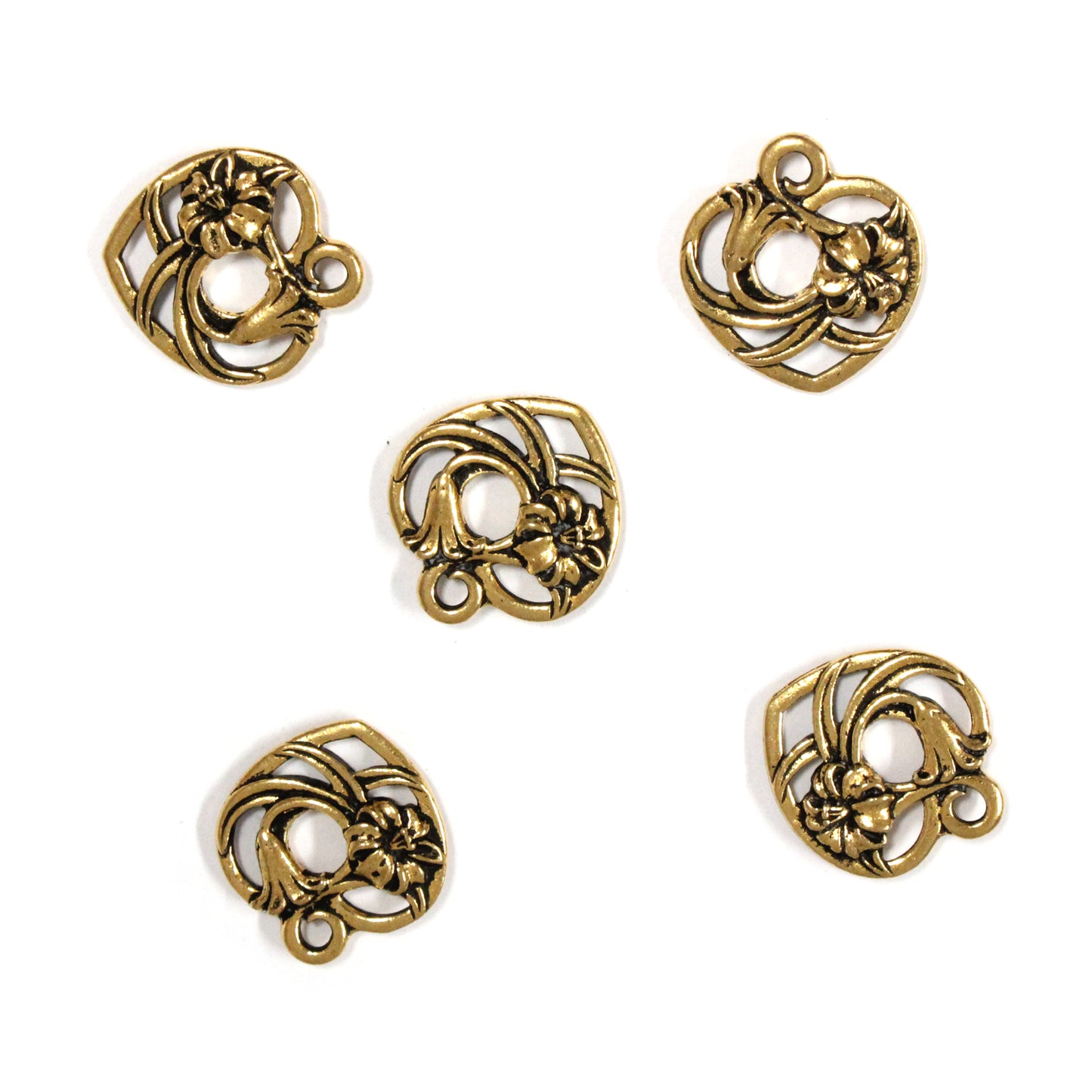 TierraCast Floral Heart Charm / 5 Pack / pewter with antique gold finish