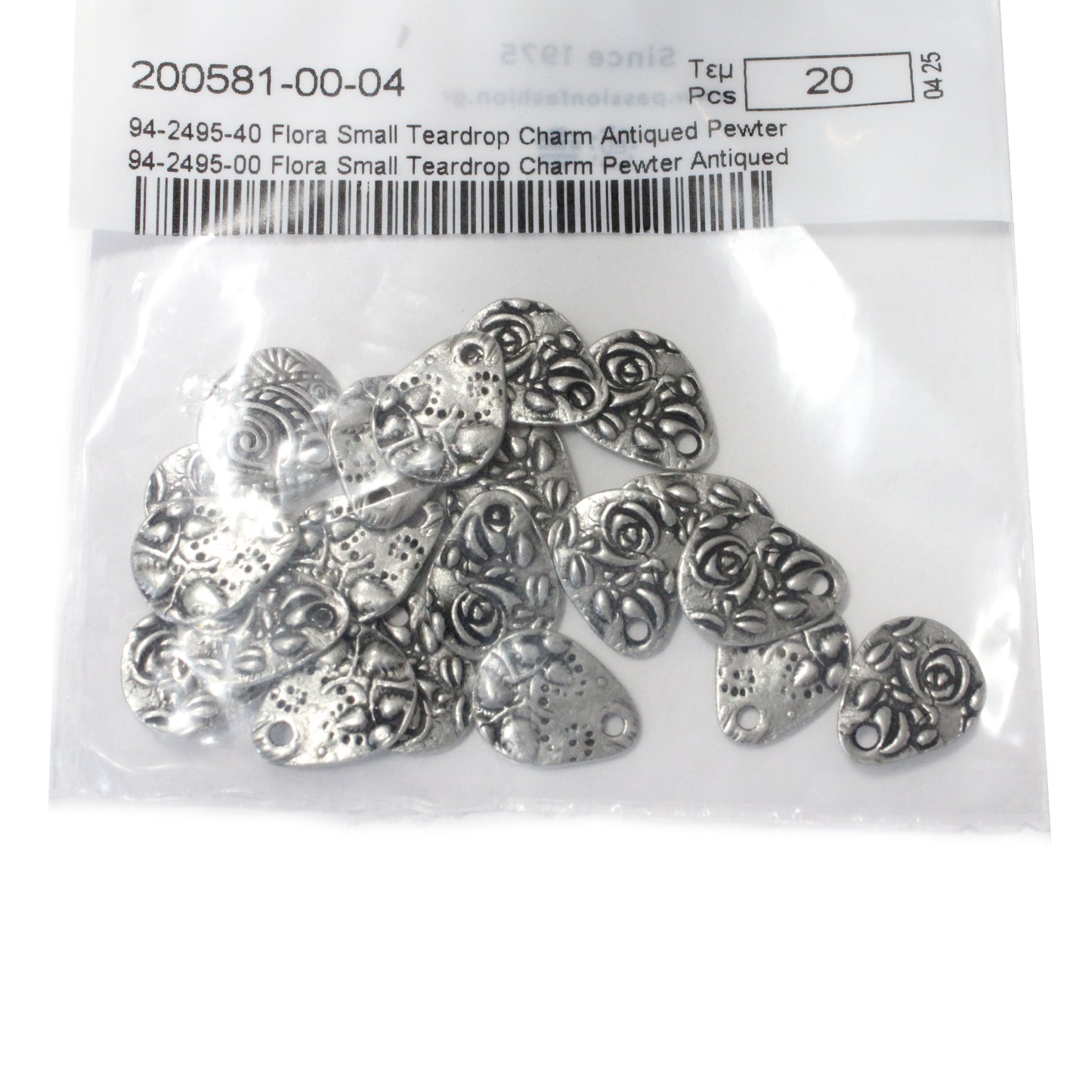 TierraCast 16mm Flora Teardrop Charm / 20 Pack / pewter with an antique finish