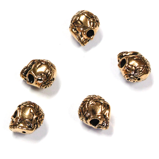 TierraCast Rose Skull Bead / 5 Pack / pewter with antique gold finish