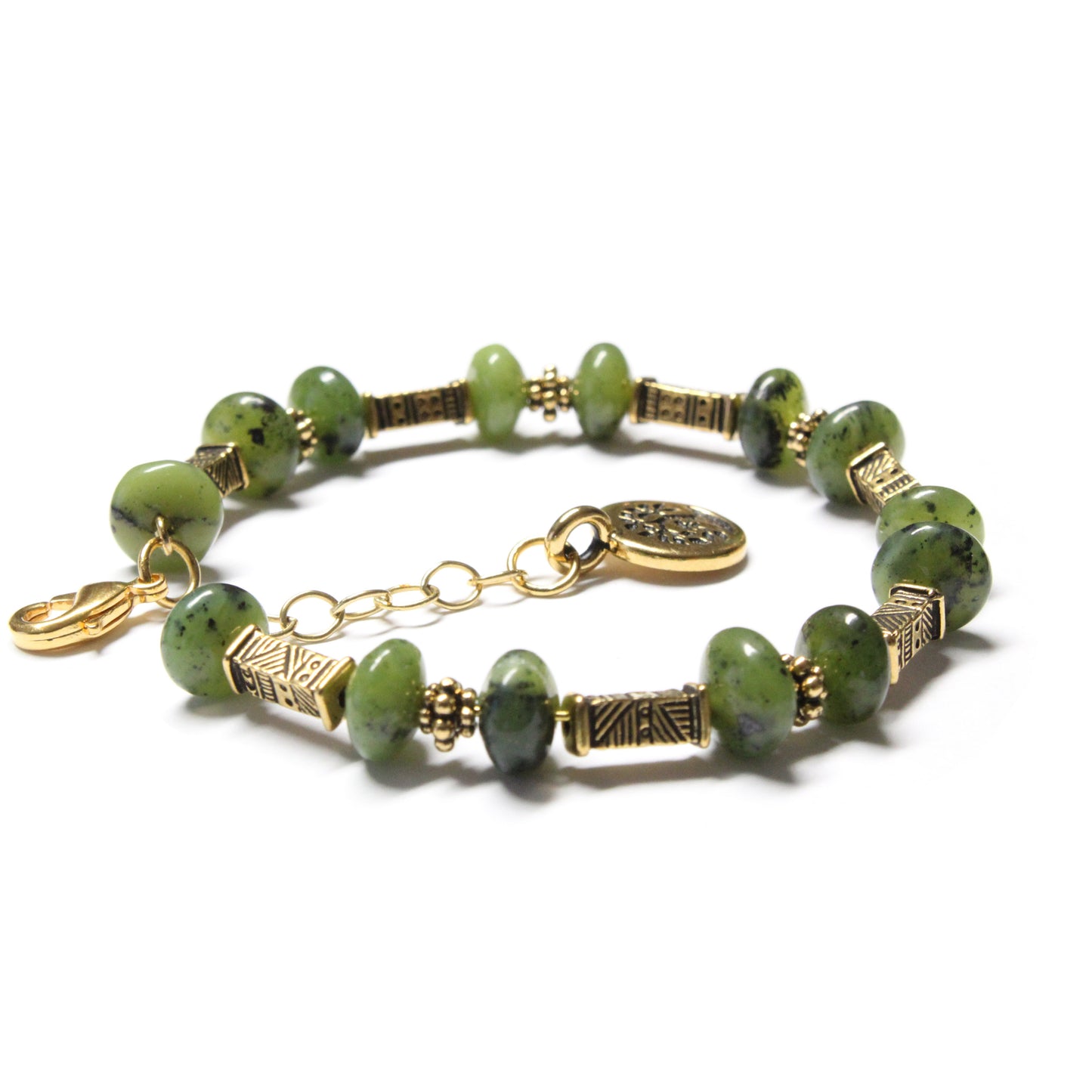 Green Serpentine Bracelet with tree charm / 6 to 7 Inch wrist size / tribal ethnic gold pewter beads / extender chain