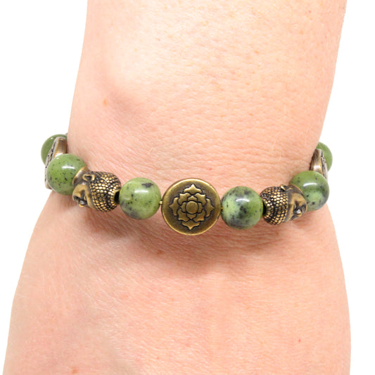 Buddha Bracelet / 6 to 7 Inch wrist size / antique brass pewter beads / gemstone of your choice