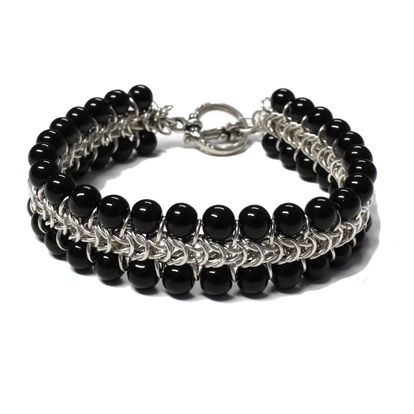 Black Onyx Chainmail Bracelet / for 7 inch wrist size / pewter toggle clasp