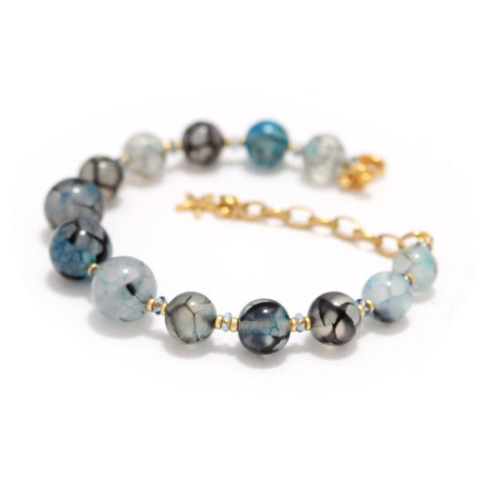 Blue Dragon Vein Agate Beaded Bracelet / 6 - 7 Inch wrist size / gold tone memory wire / extender chain with starfish charm