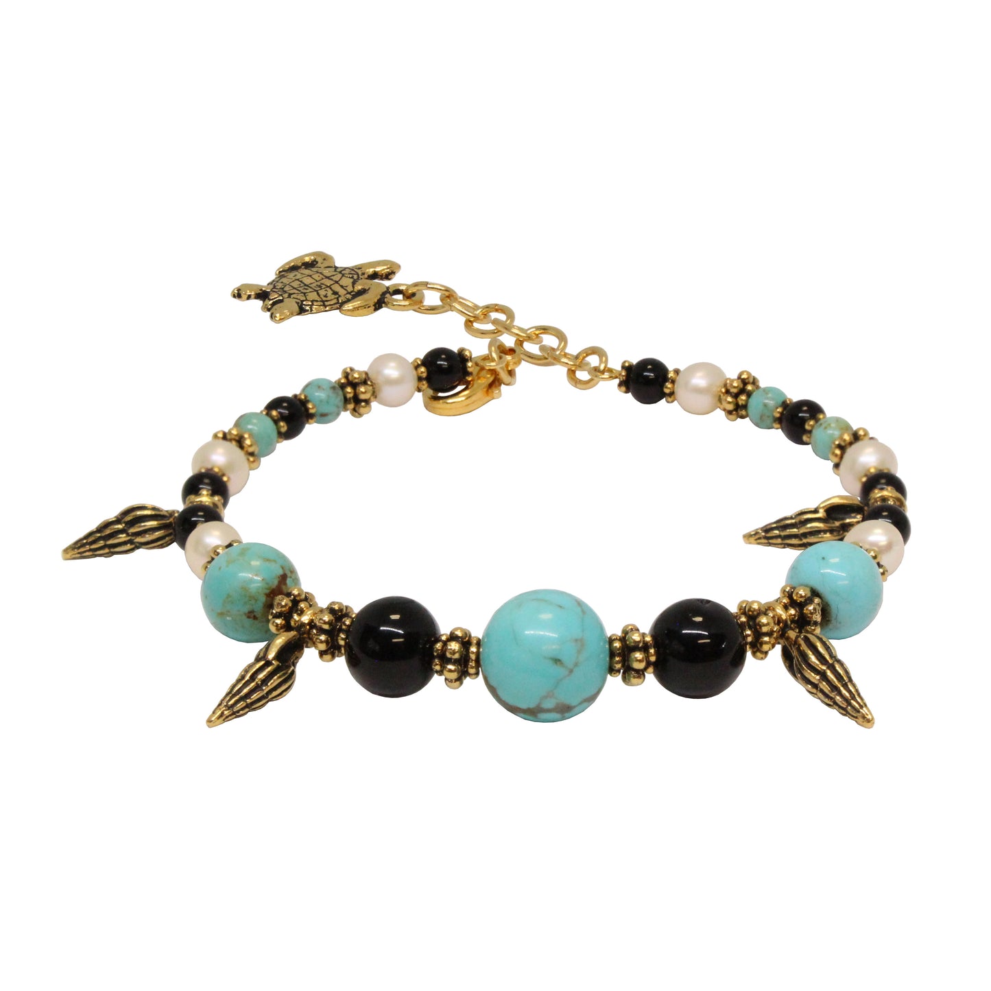 Turtle Beach Bracelet / 6 - 7.5 Inch wrist size / stabilized genuine turquoise (#8 Mine Nevada) / gold pewter charms and beads