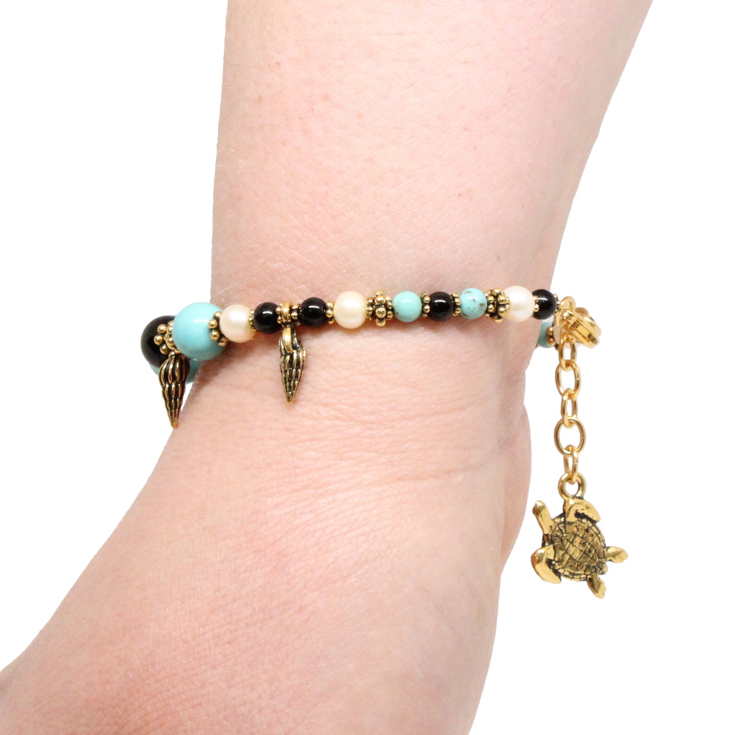 Turtle Beach Bracelet / 6 - 7.5 Inch wrist size / stabilized genuine turquoise (#8 Mine Nevada) / gold pewter charms and beads