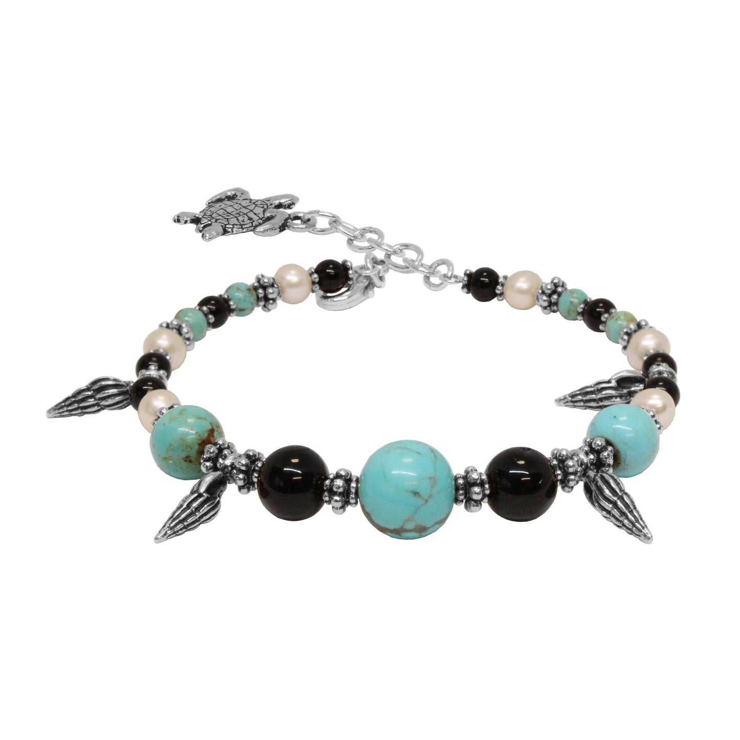 Turtle Beach Bracelet / 6 - 7.5 Inch wrist size / stabilized genuine turquoise (#8 Mine Nevada) / silver pewter charms and beads