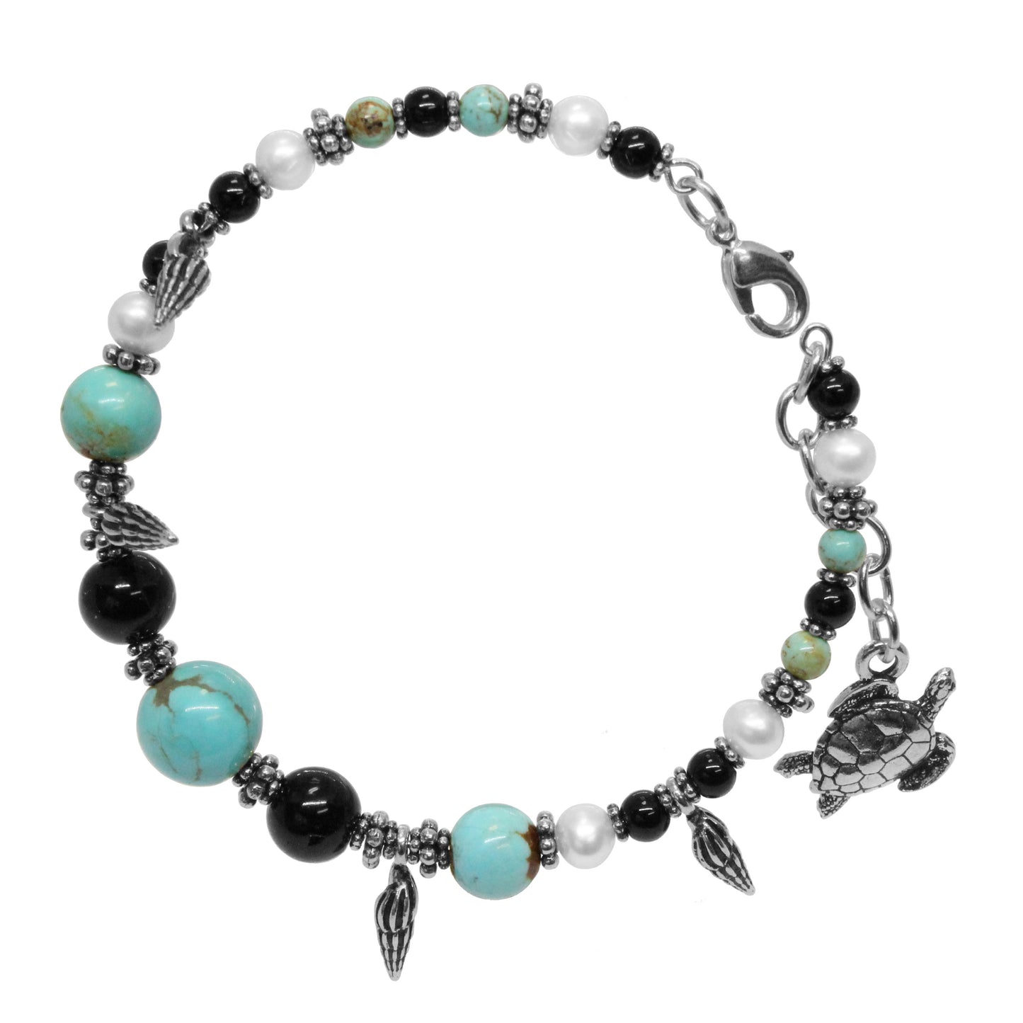 Turtle Beach Bracelet / 6 - 7.5 Inch wrist size / stabilized genuine turquoise (#8 Mine Nevada) / silver pewter charms and beads