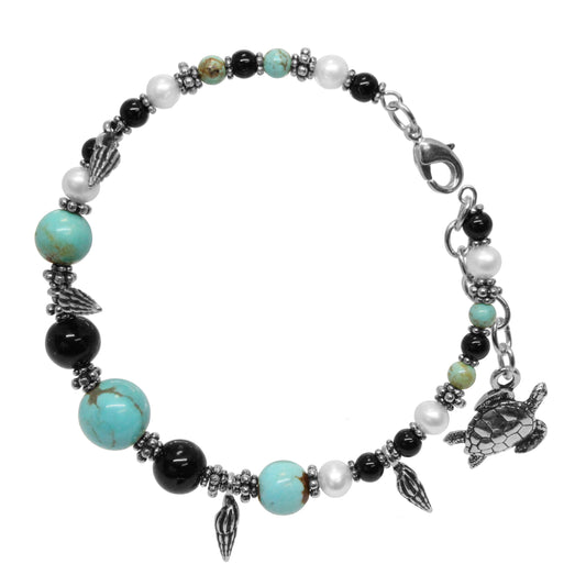 Turtle Beach Bracelet / 6 - 7.5 Inch wrist size / stabilized genuine turquoise (#8 Mine Nevada) / silver pewter charms and beads