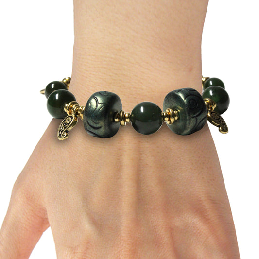 BC Jade Chunky Bracelet / 6 to 7 Inch wrist size / gold pewter beads and charms