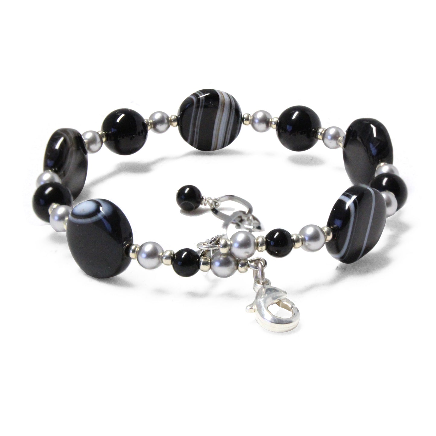 Black Sardonyx Bracelet / 6 to 7.5 Inch wrist size / with extender chain