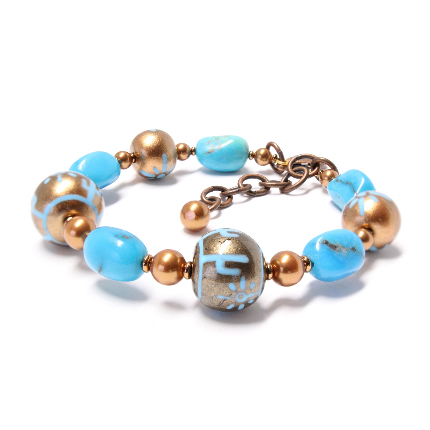 Desert Scene Bracelet / 6 - 7.5 Inch wrist size / with stabilized Nacozari turquoise / hand painted desert scene beads