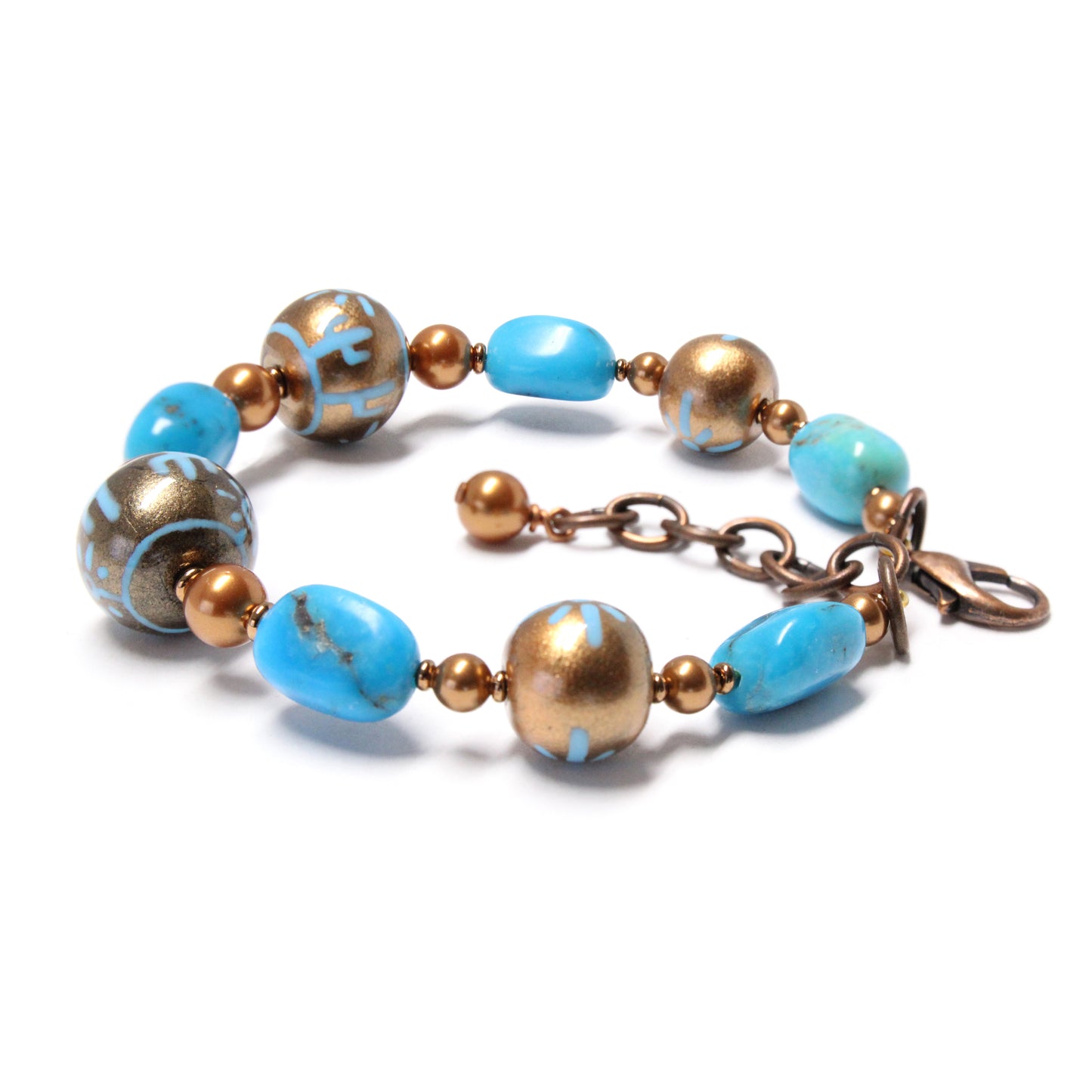 Desert Scene Bracelet / 6 - 7.5 Inch wrist size / with stabilized Nacozari turquoise / hand painted desert scene beads