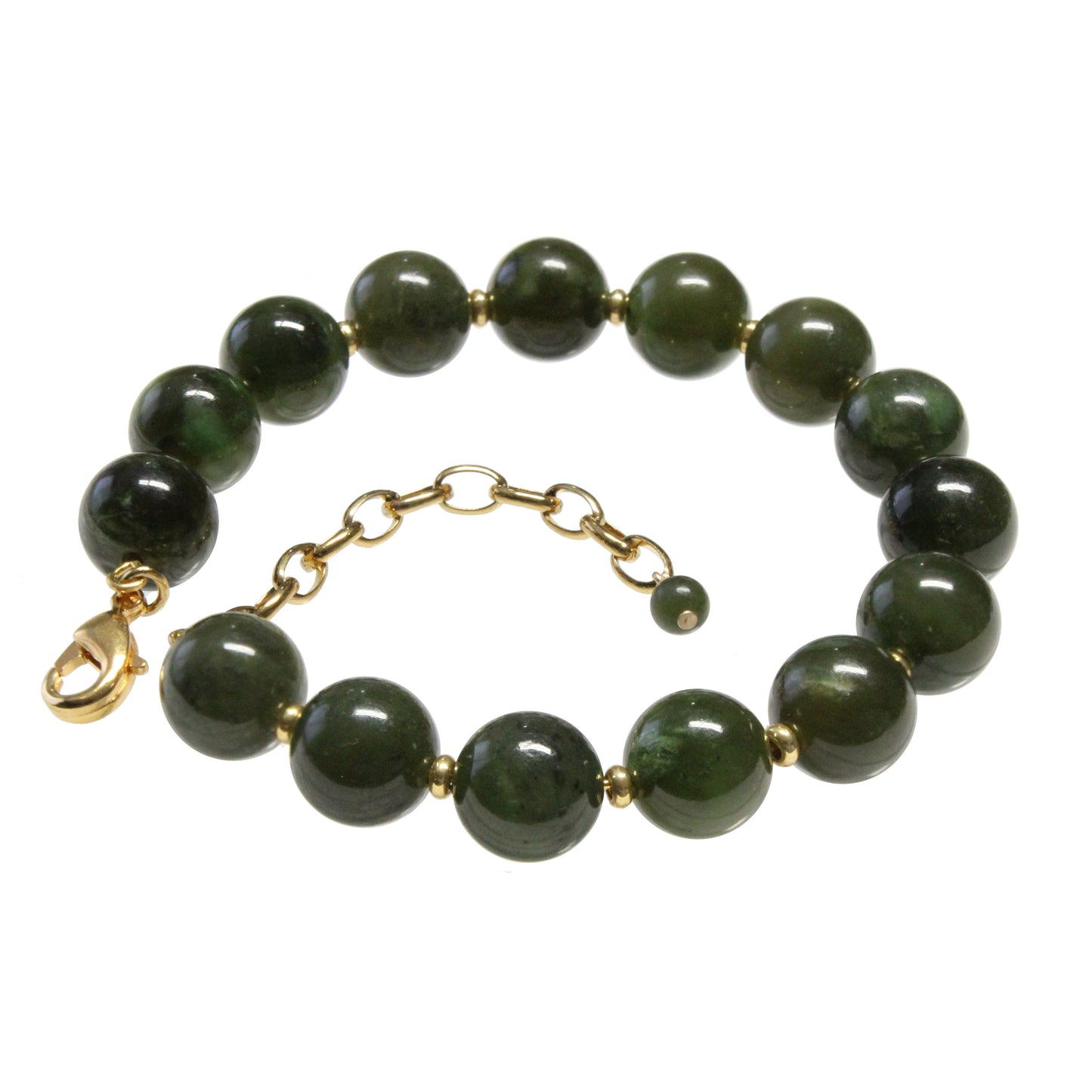 BC Jade Beaded Bracelet / 6 - 7.5 Inch wrist size / 10mm round nephrite jade