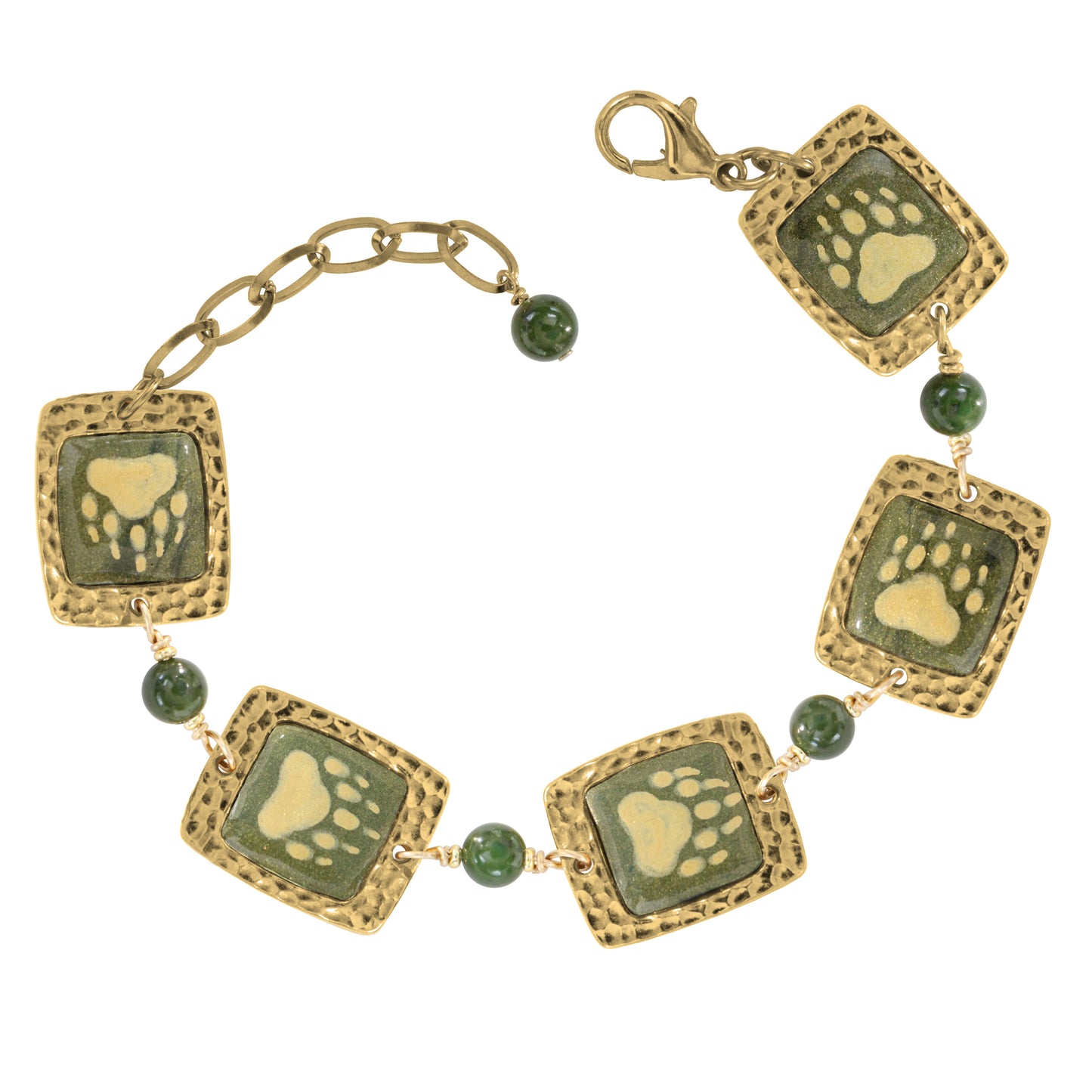 Night Forest Bear Bracelet / 5 Links 18mm wide / forest green and gold with BC Jade / 7 to 8 inch wrist size