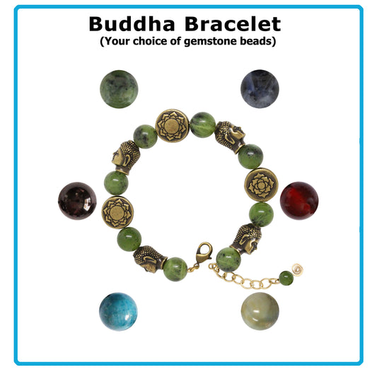 Buddha Bracelet / 6 to 7 Inch wrist size / antique brass pewter beads / gemstone of your choice