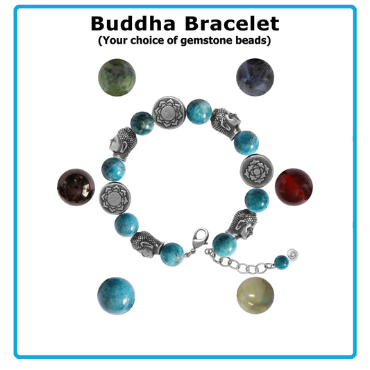 Buddha Bracelet / 6 to 7 Inch wrist size / antique silver pewter beads/ gemstone of your choice