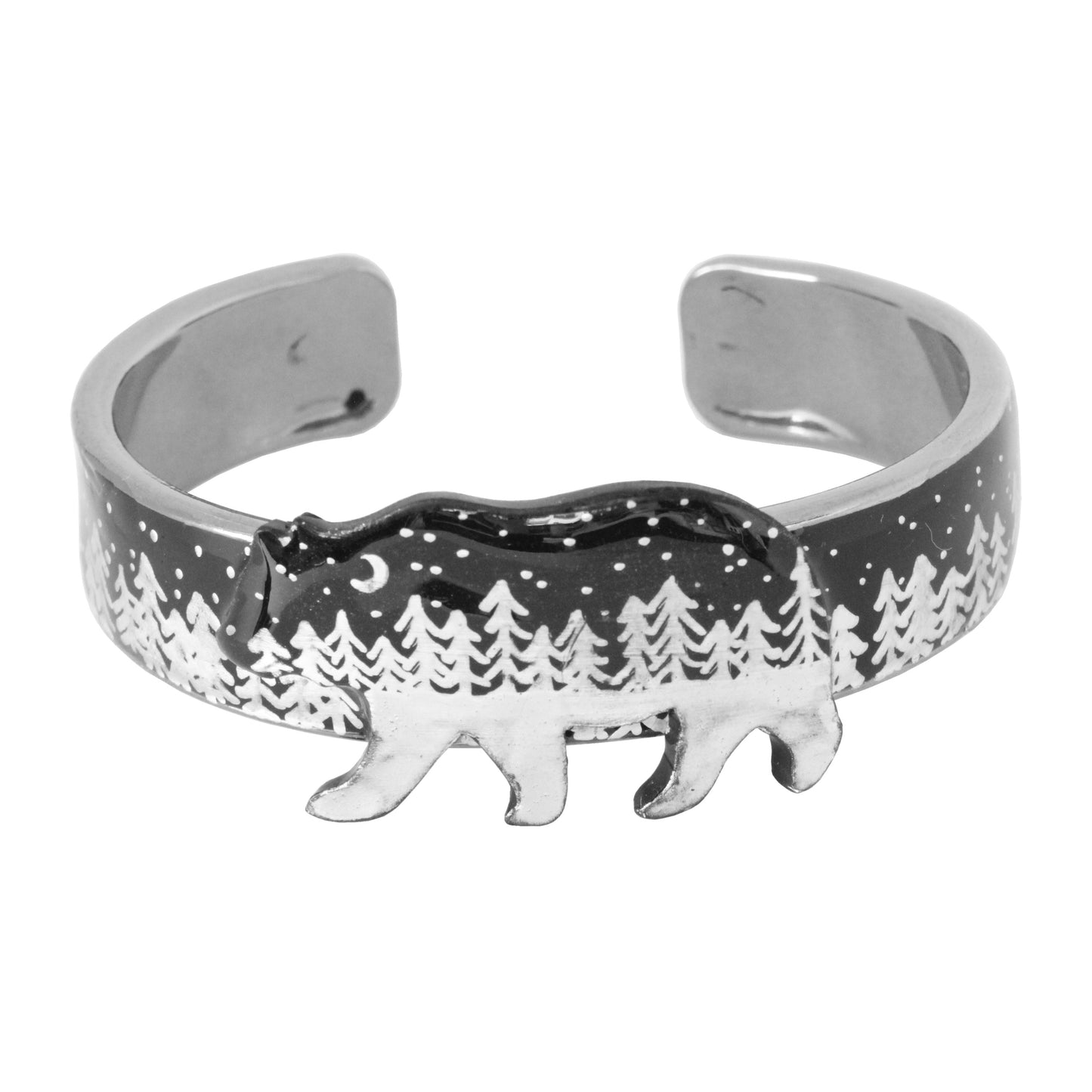 Night Forest Bear Cuff Bracelet / black and silver / up to a 7 inch wrist size