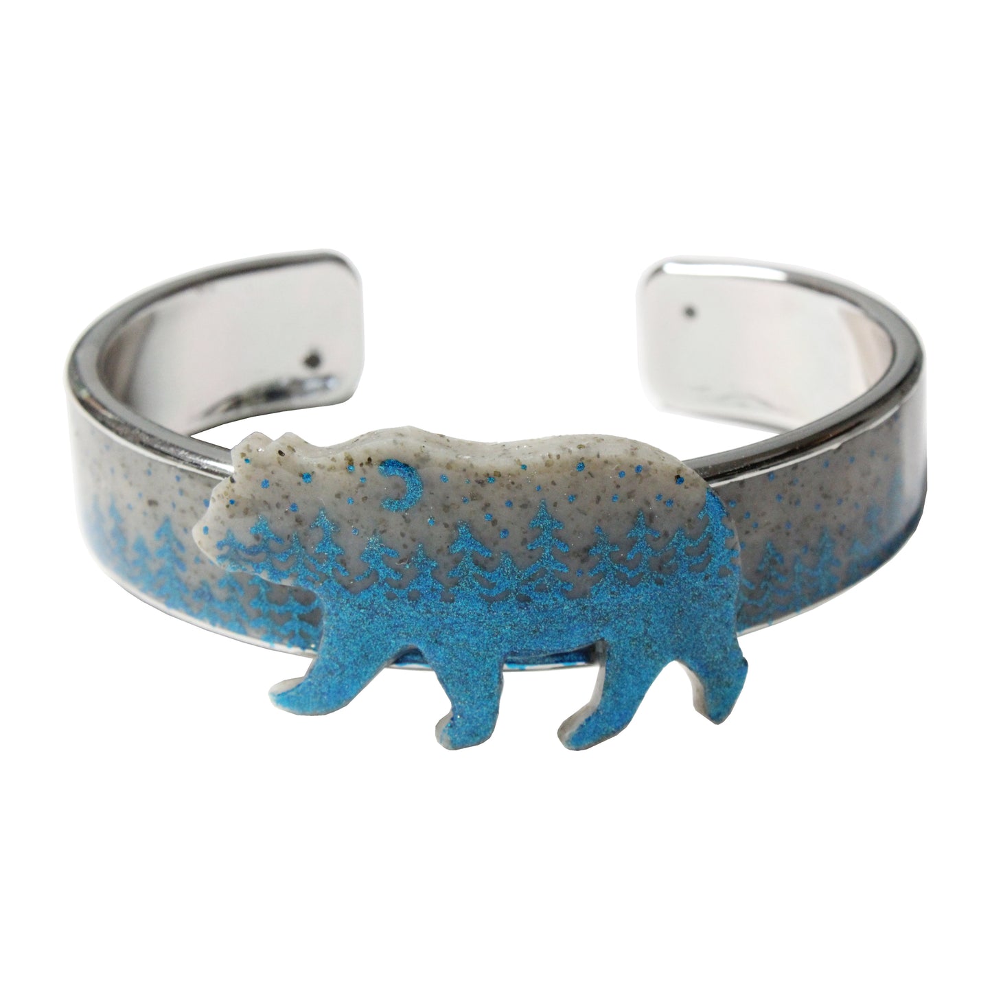 Night Forest Bear Cuff Bracelet / speckled grey with azure blue forest / up to a 7 inch wrist size