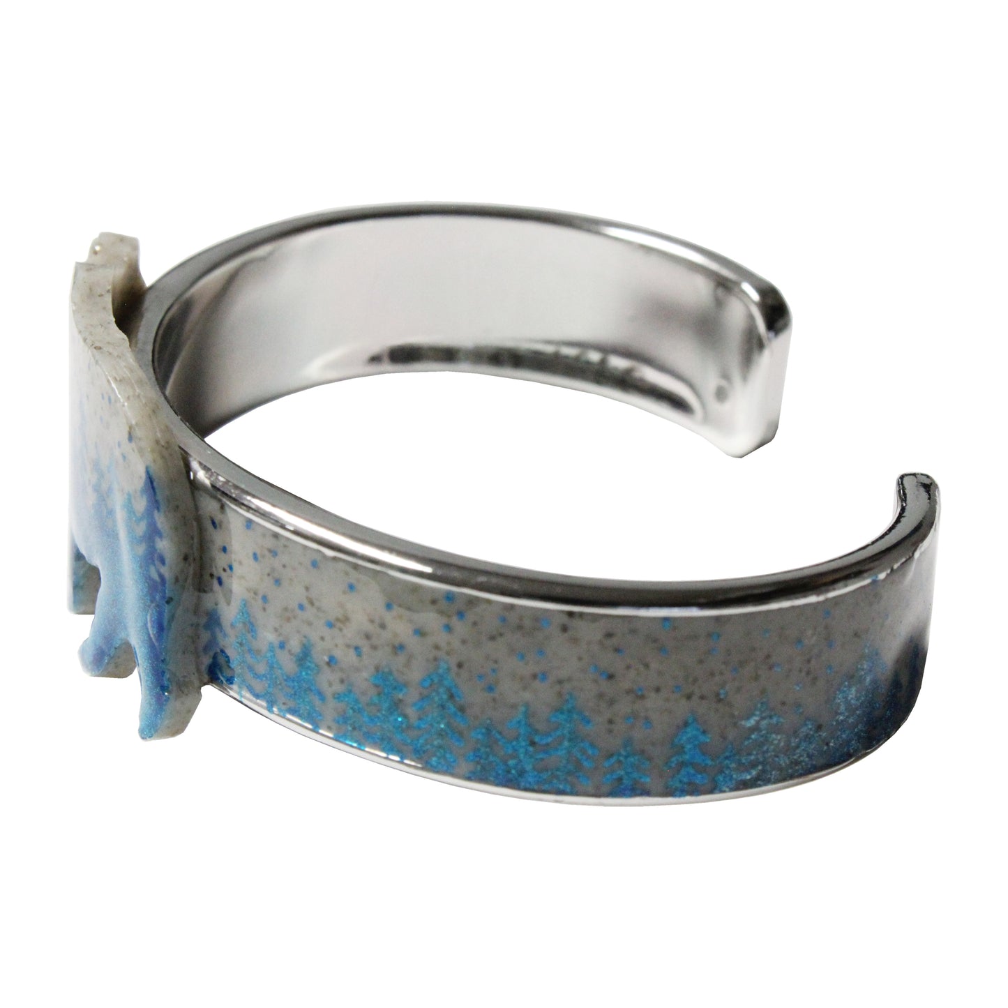 Night Forest Bear Cuff Bracelet / speckled grey with azure blue forest / up to a 7 inch wrist size