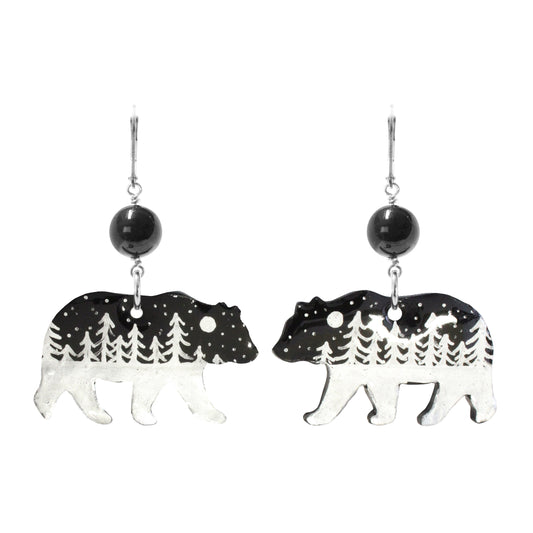 Night Forest Bear Earrings / 57mm length / black onyx / sterling silver leverbacks