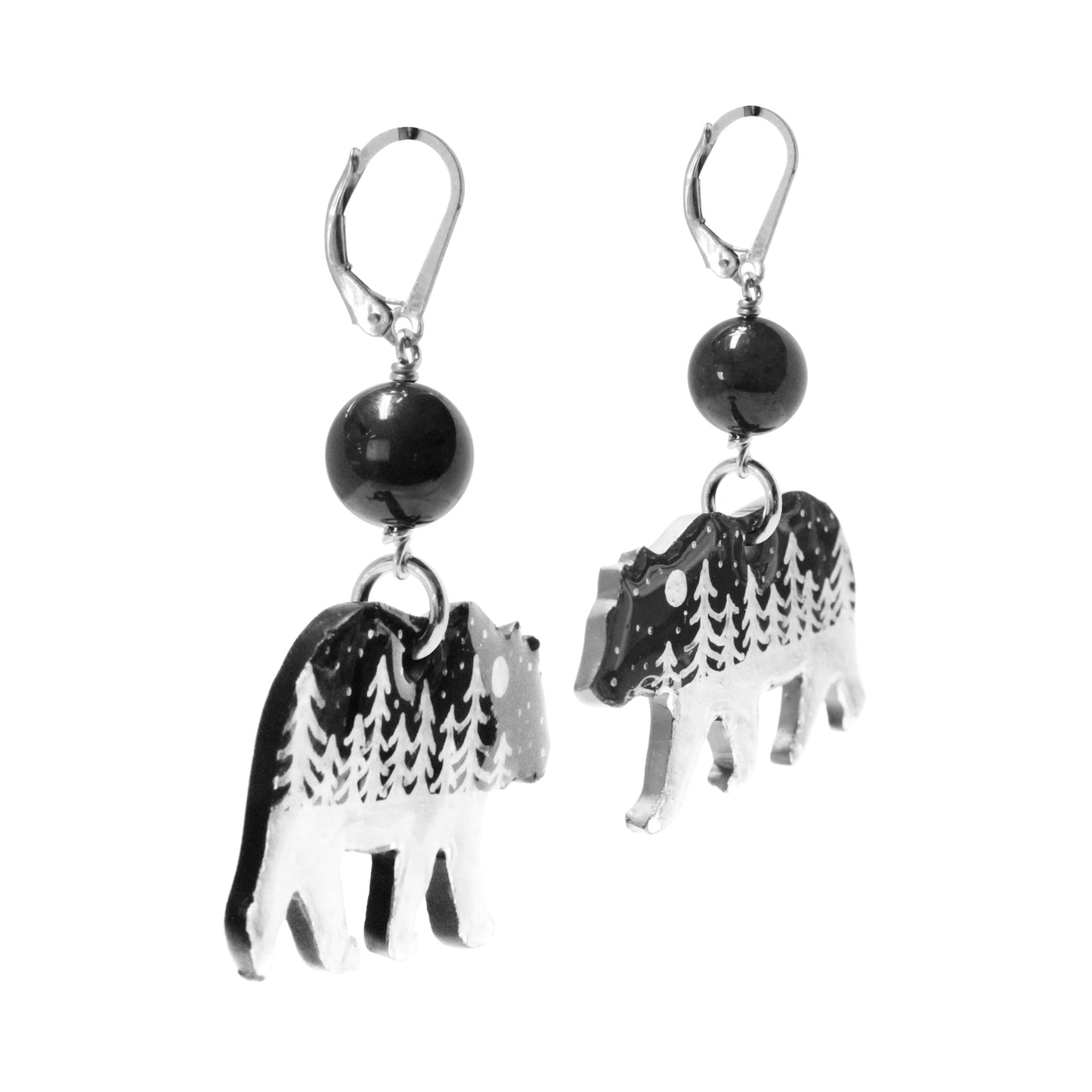 Night Forest Bear Earrings / 57mm length / black onyx / sterling silver leverbacks