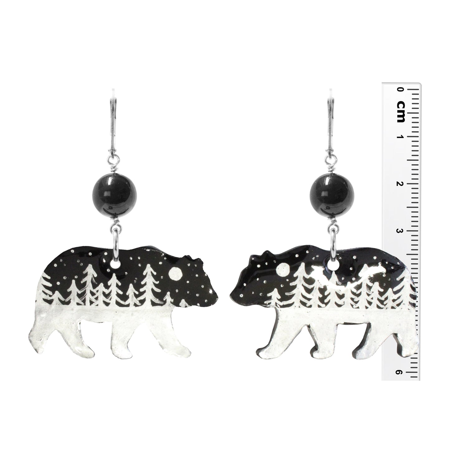 Night Forest Bear Earrings / 57mm length / black onyx / sterling silver leverbacks
