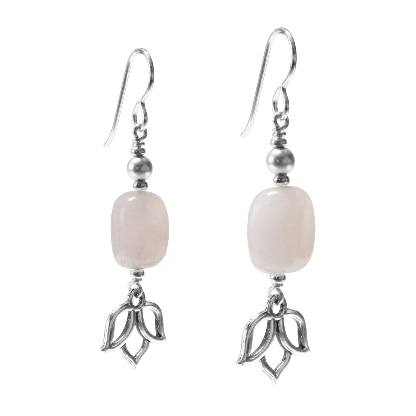 Lotus Earrings with rose quartz / 50mm length / sterling silver earwires