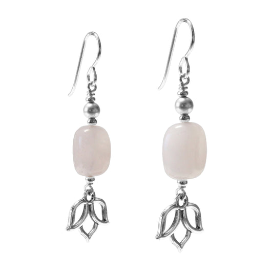 Lotus Earrings with rose quartz / 50mm length / sterling silver earwires