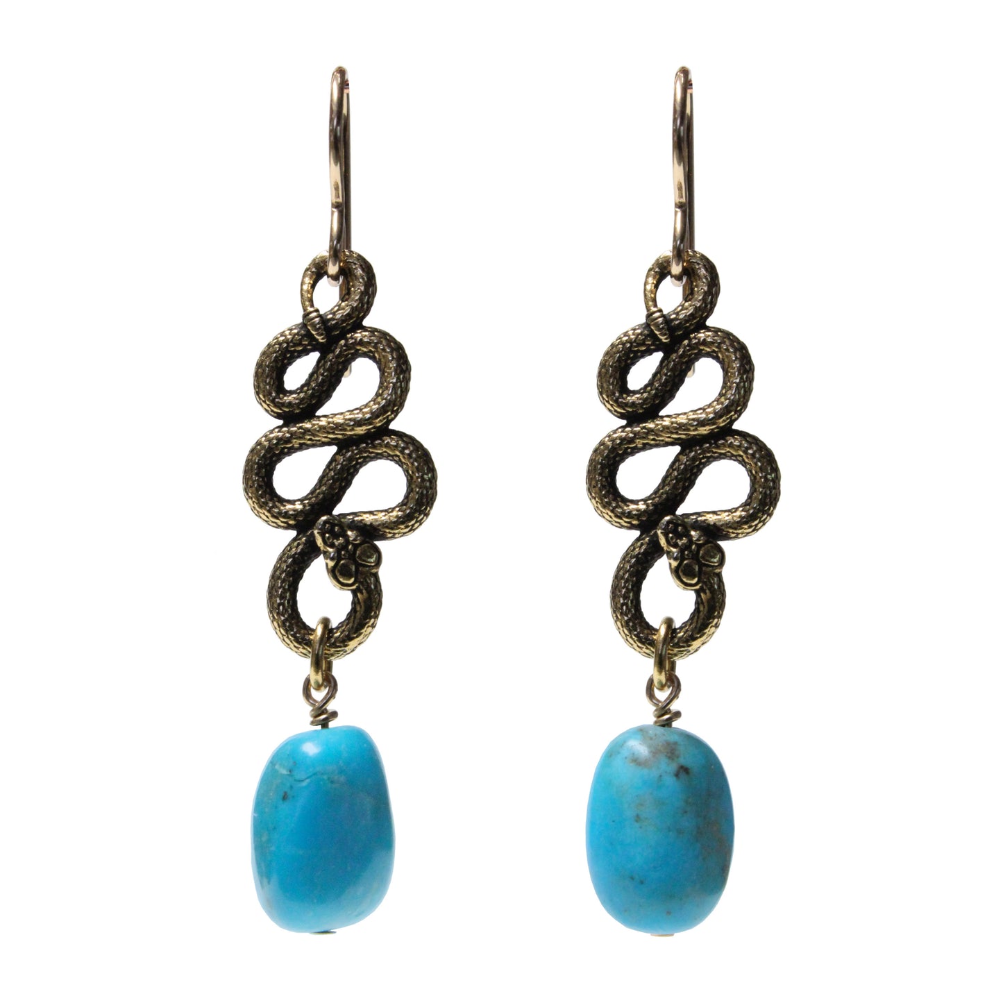 Rattlesnake Earrings / 50mm length / with stabilized Nacozari turquoise / gold filled hook earwires