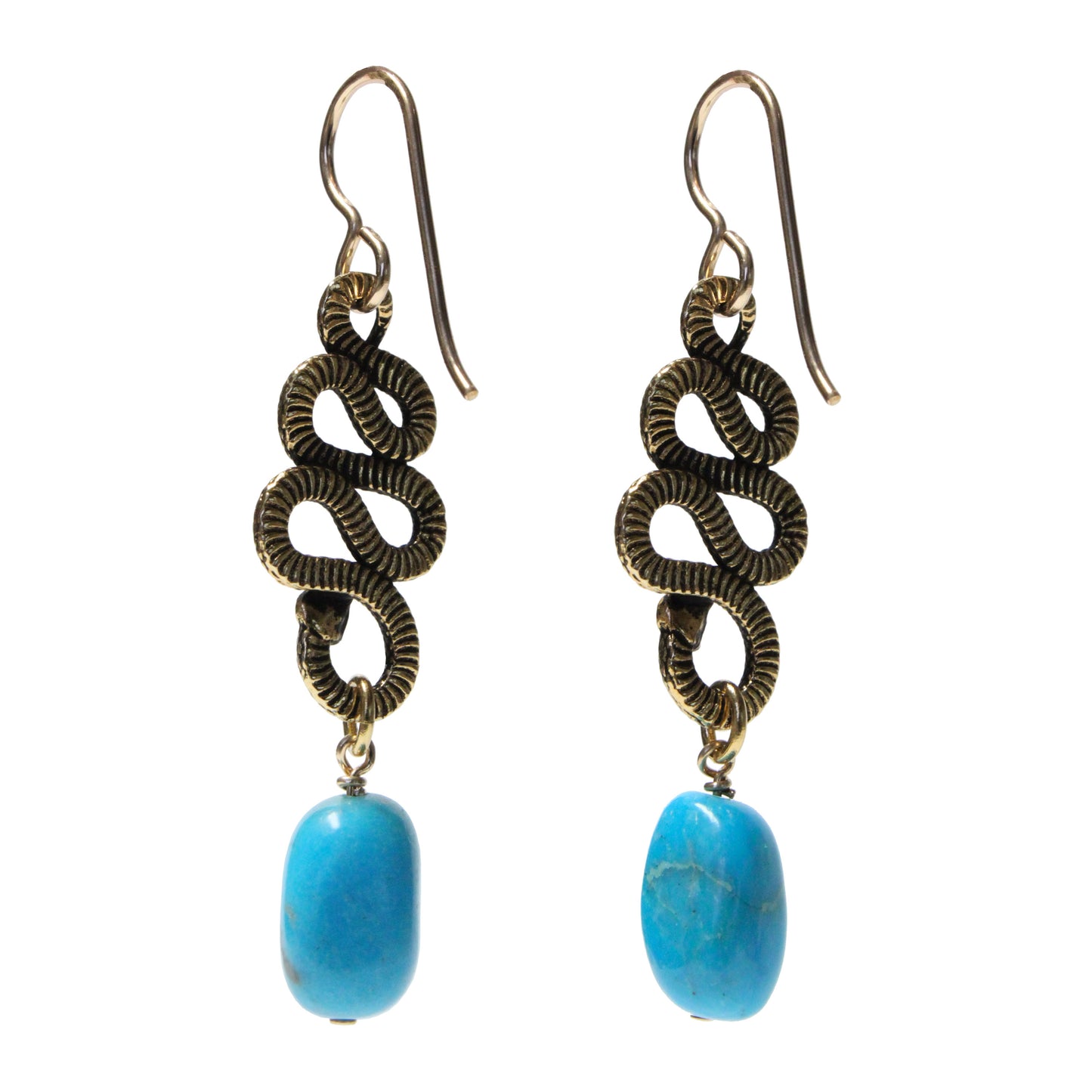 Rattlesnake Earrings / 50mm length / with stabilized Nacozari turquoise / gold filled hook earwires
