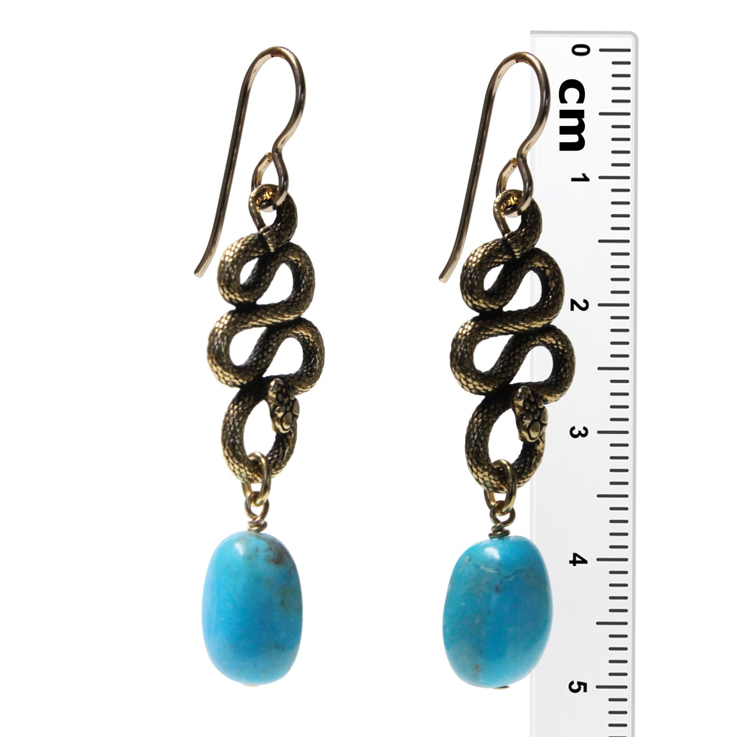 Rattlesnake Earrings / 50mm length / with stabilized Nacozari turquoise / gold filled hook earwires