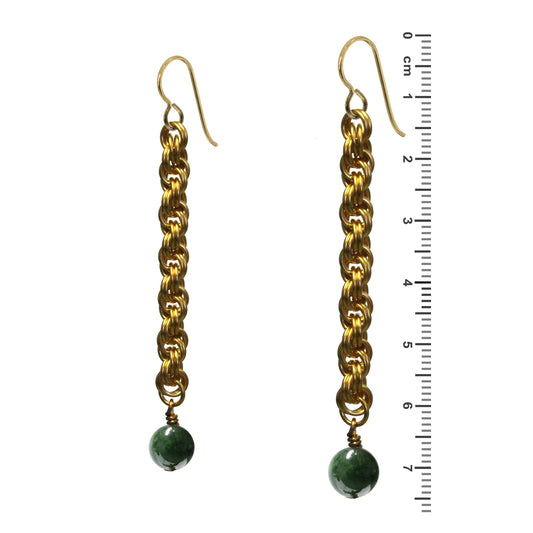 BC Jade Spiral Chainmail Earrings / 75mm length / gold filled earwires