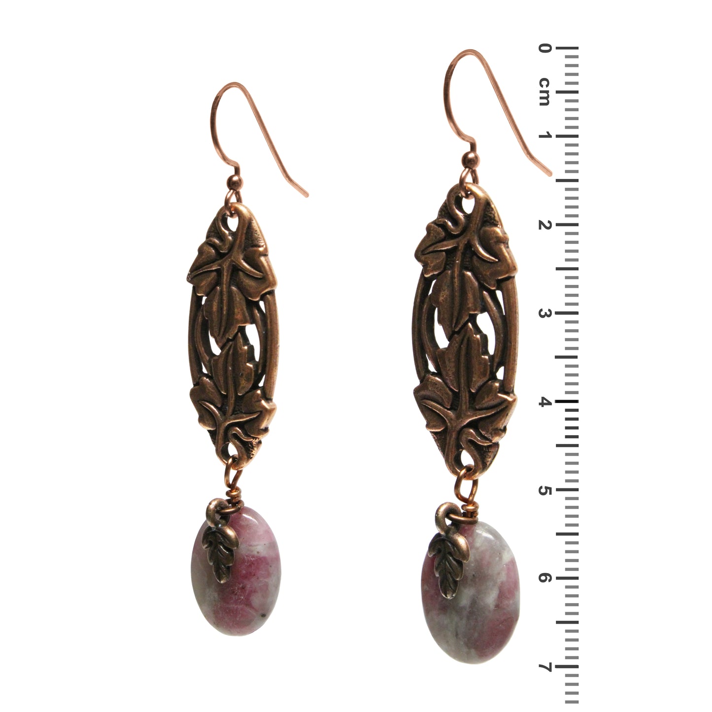 Woodland Copper Earrings / side view with ruler