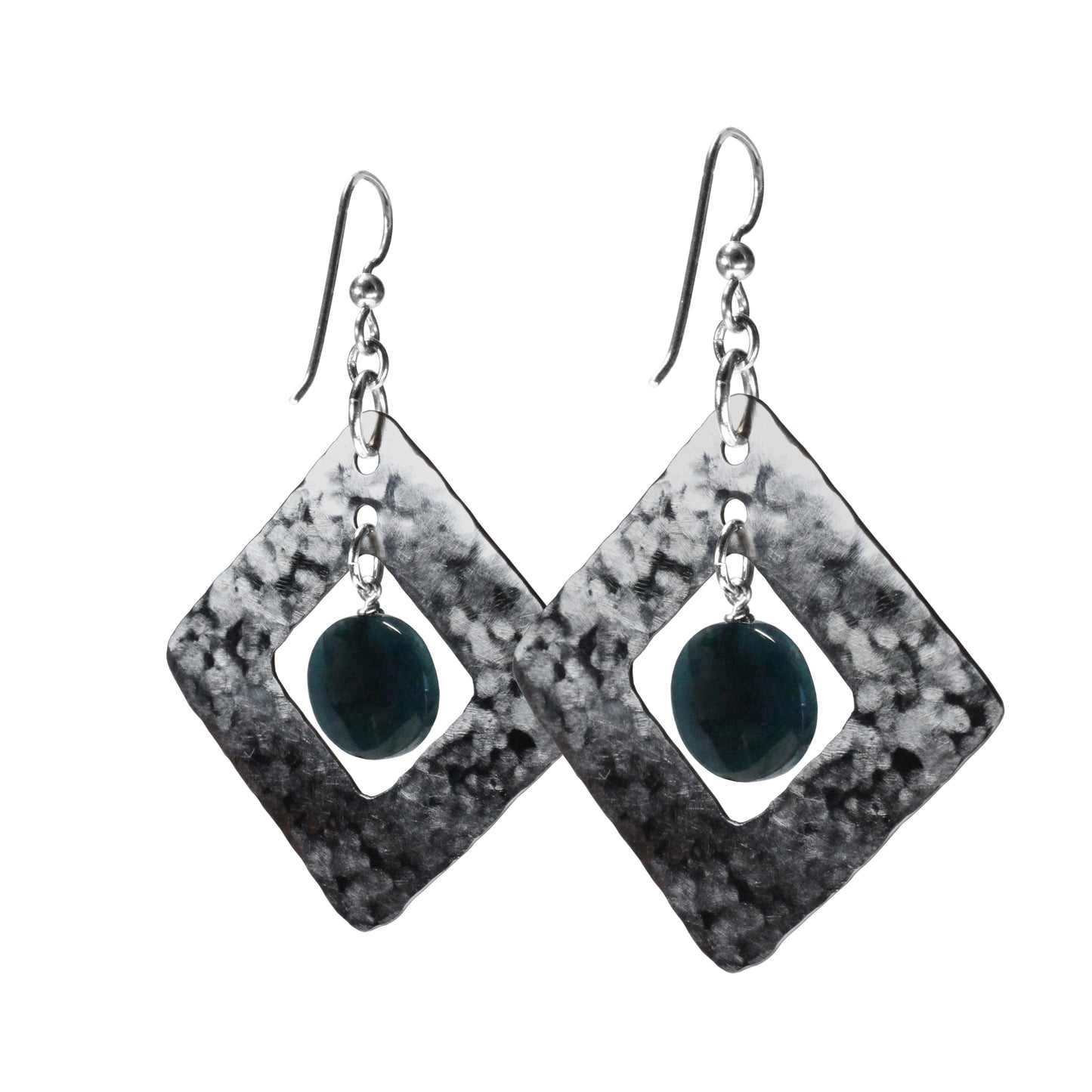 Hammered Steel Earrings with blue apatite / 65mm length / handmade geometric diamond-shaped / hypo-allergenic niobium earwires