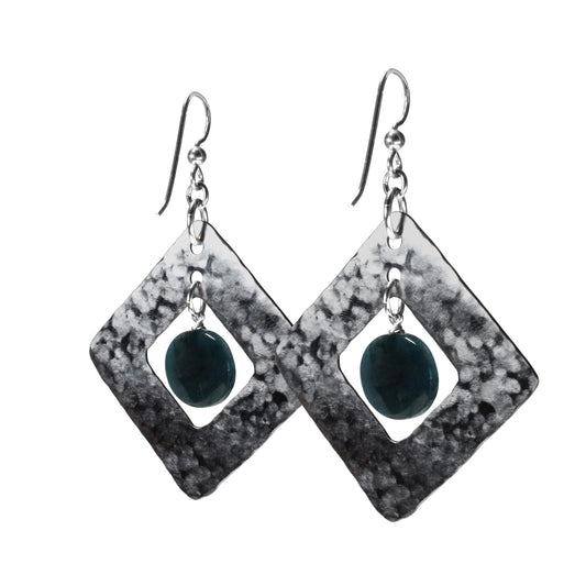 Hammered Steel Earrings with blue apatite / 65mm length / handmade geometric diamond-shaped / hypo-allergenic niobium earwires
