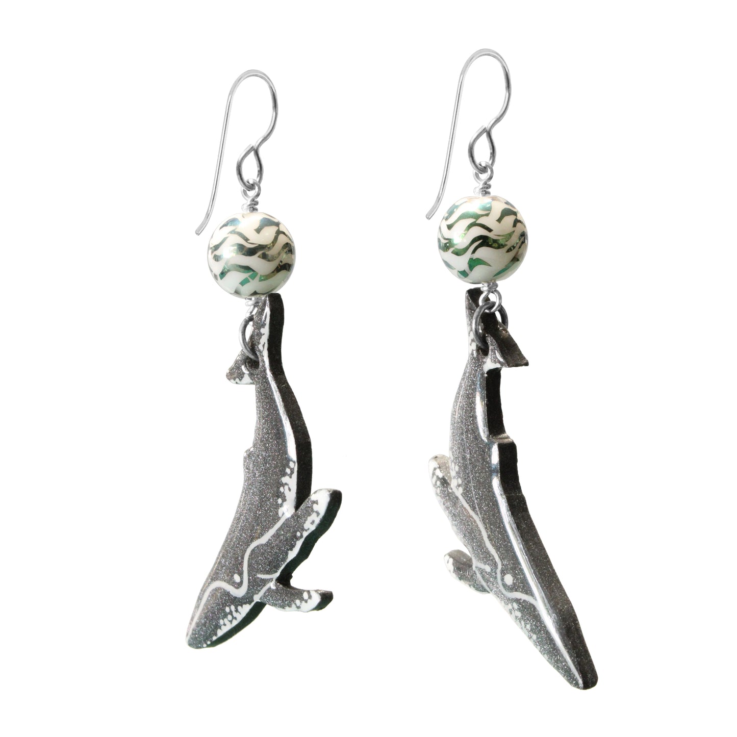 Grey Whale Earrings / 70mm length / gray with laser etched beads and sterling silver earwires