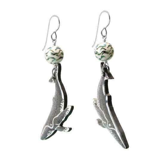 Grey Whale Earrings / 70mm length / gray with laser etched beads and sterling silver earwires
