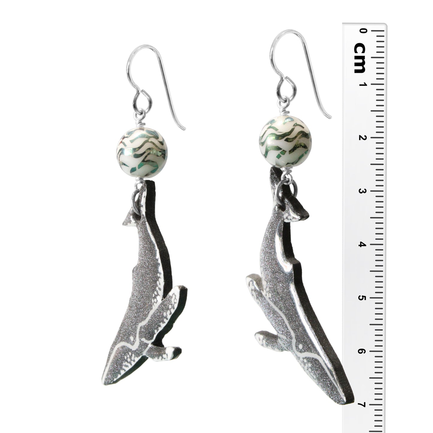 Grey Whale Earrings / 70mm length / gray with laser etched beads and sterling silver earwires