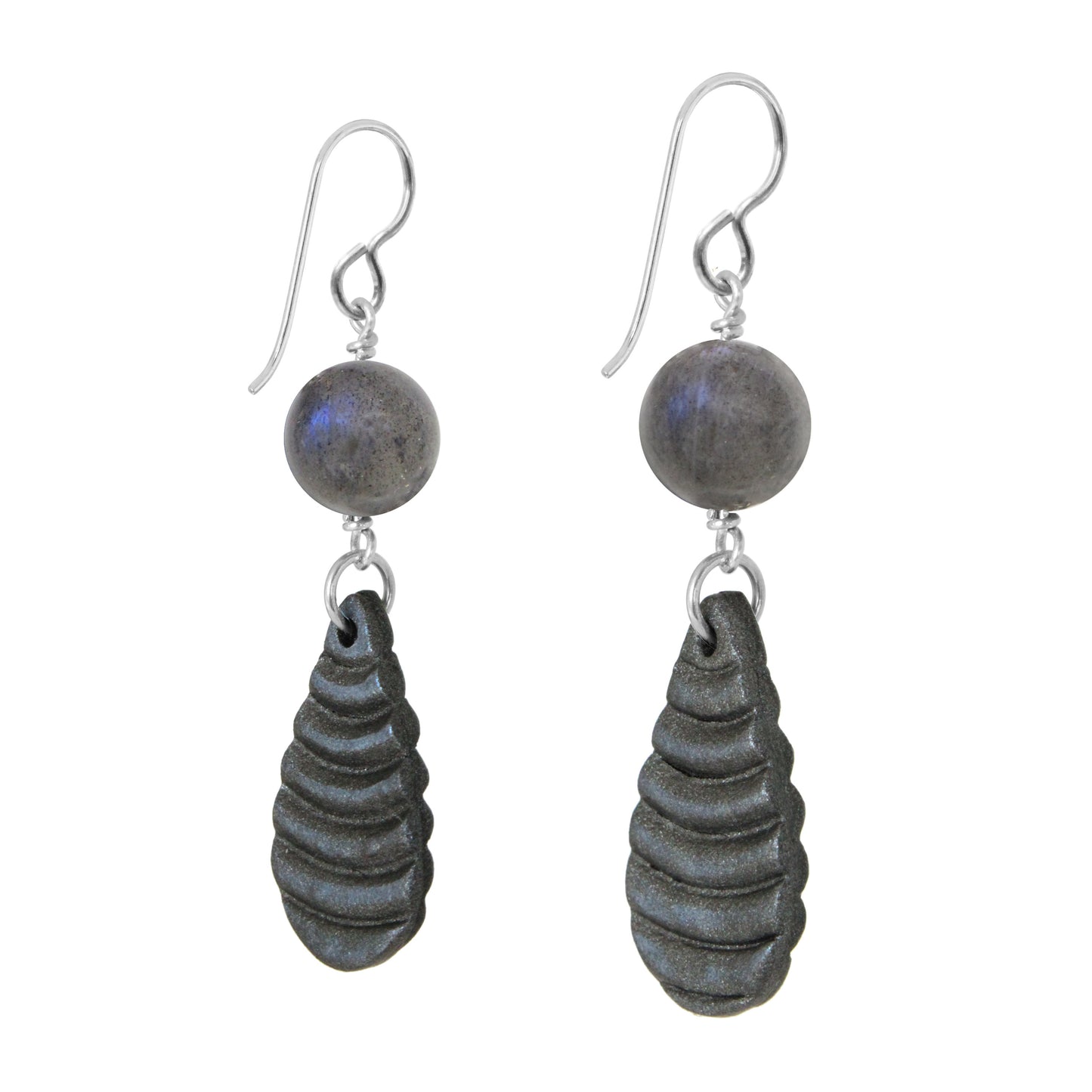 Labradorite Earrings / 55mm length/ polymer clay teardrop pendant / sterling silver earwires