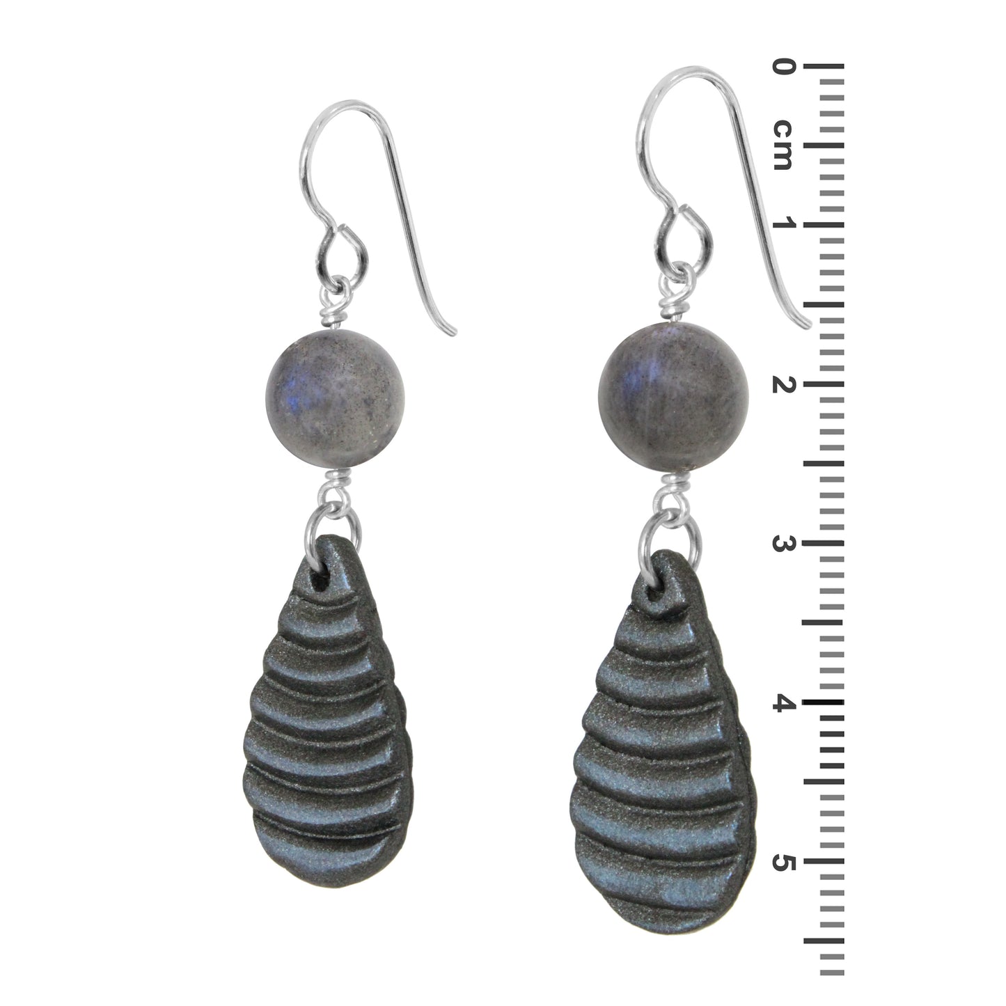 Labradorite Earrings / 55mm length/ polymer clay teardrop pendant / sterling silver earwires
