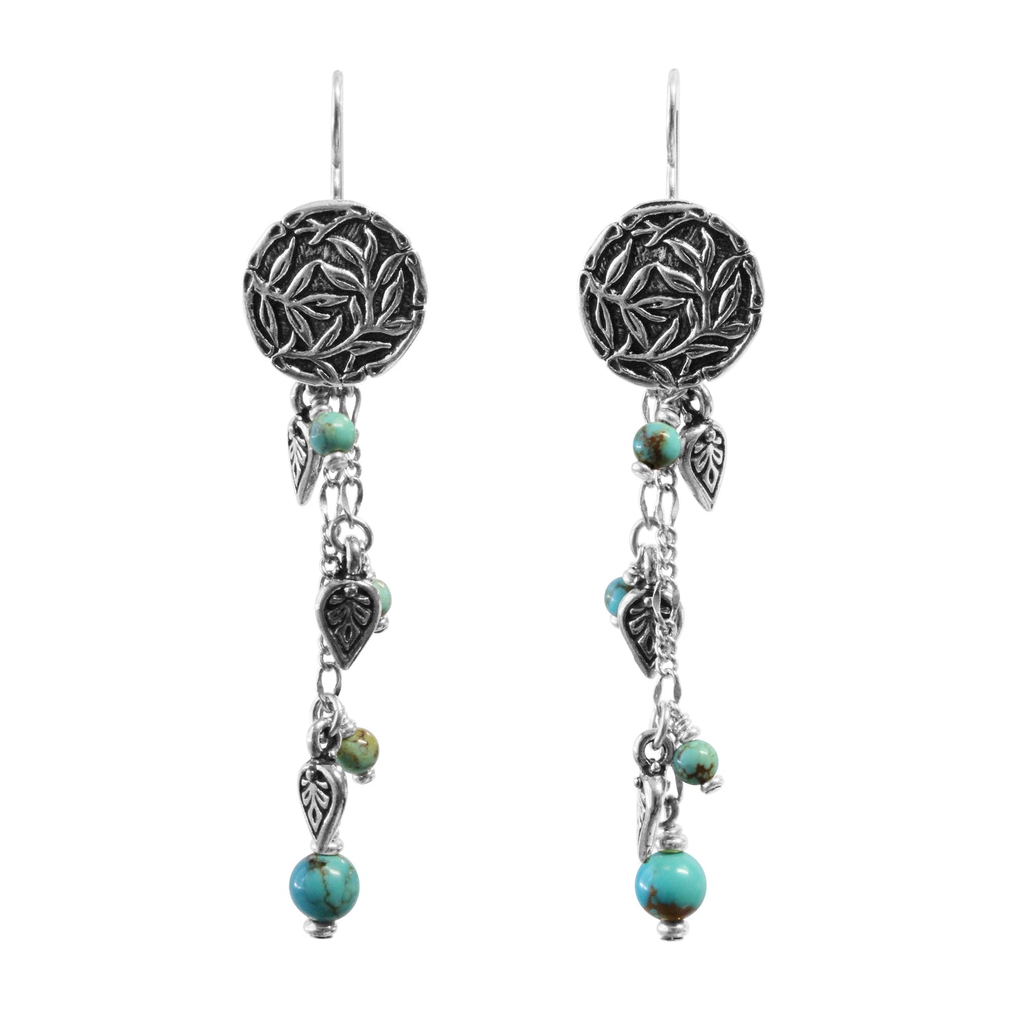 Tropical Chain Earrings / 77mm length / with stabilized genuine turquoise (#8 Mine Nevada) / sterling silver earwires