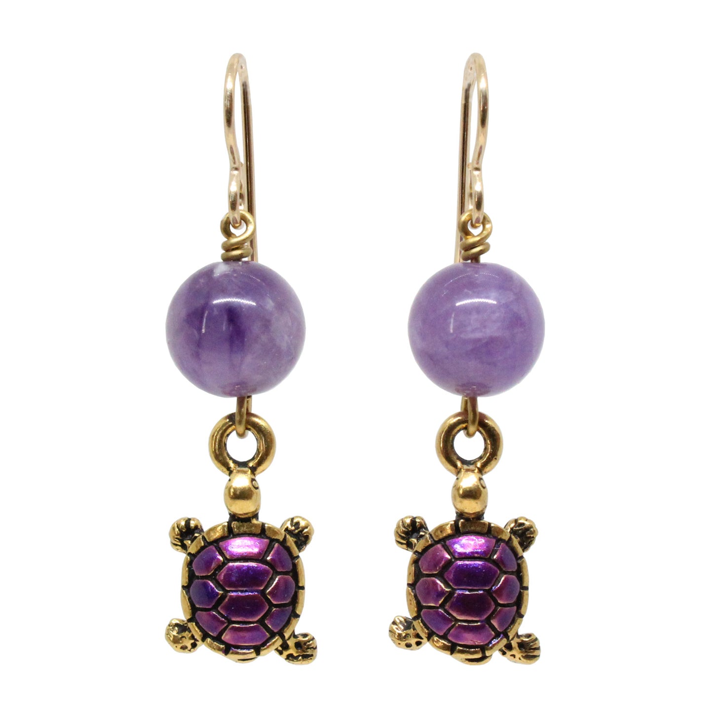 Turtle Earrings / 45mm length / hand painted pewter charms / purple amethyst / gold filled earwires