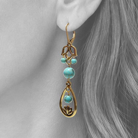 Turquoise Lotus Flower Earrings / gold filled leverback earwires / close-up view