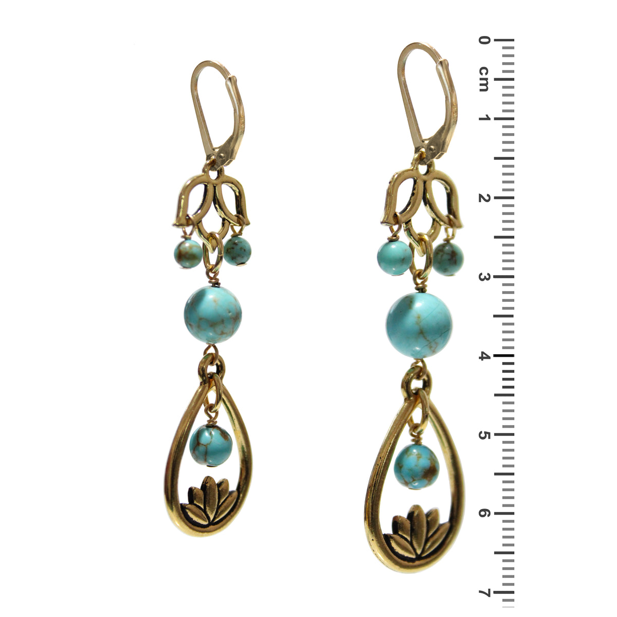 Turquoise Lotus Flower Earrings / gold filled leverback earwires / reverse view with ruler