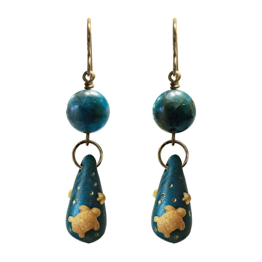Sea Turtle Teardrop Earrings / 50mm length / with blue apatite gemstones / gold filled hook earwires