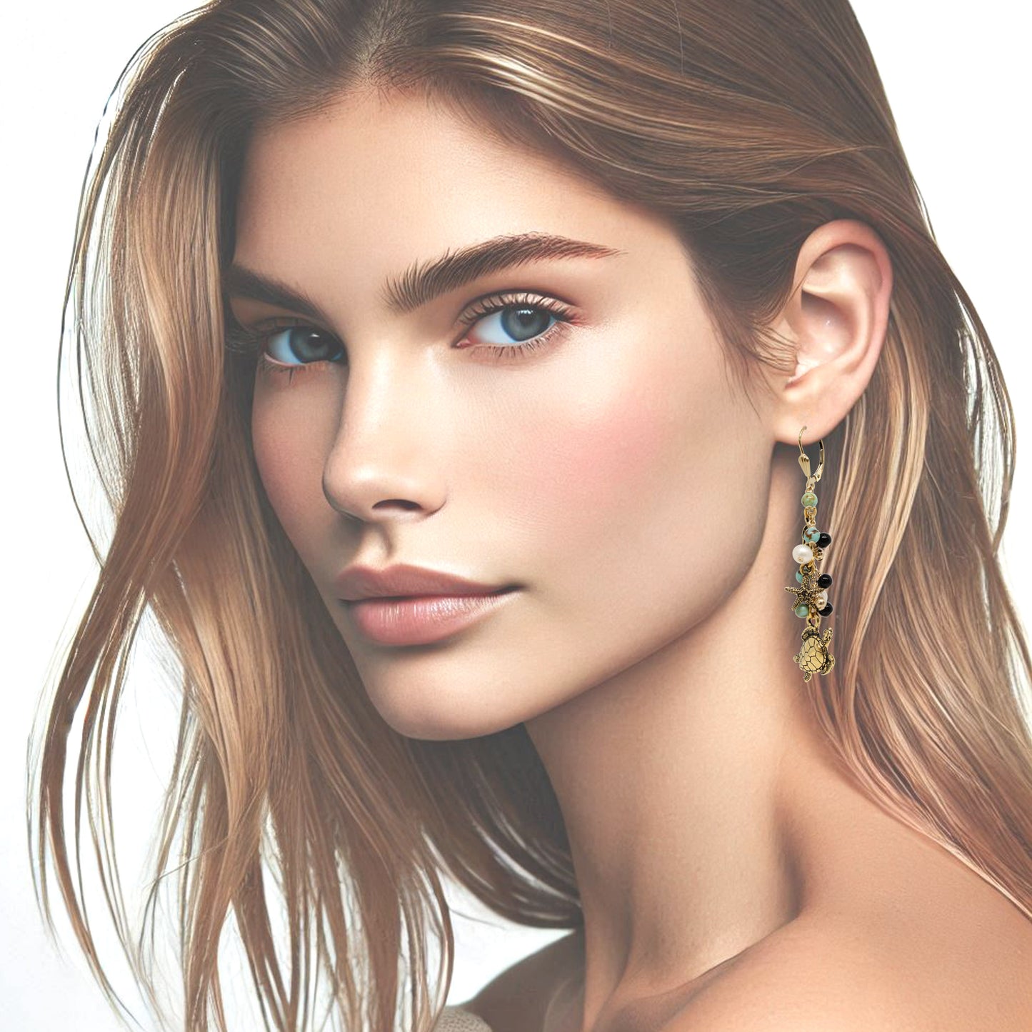 Sealife Cascade Earrings / 65mm length / stabilized genuine turquoise (#8 Mine Nevada) / gold filled shell leverback earwires