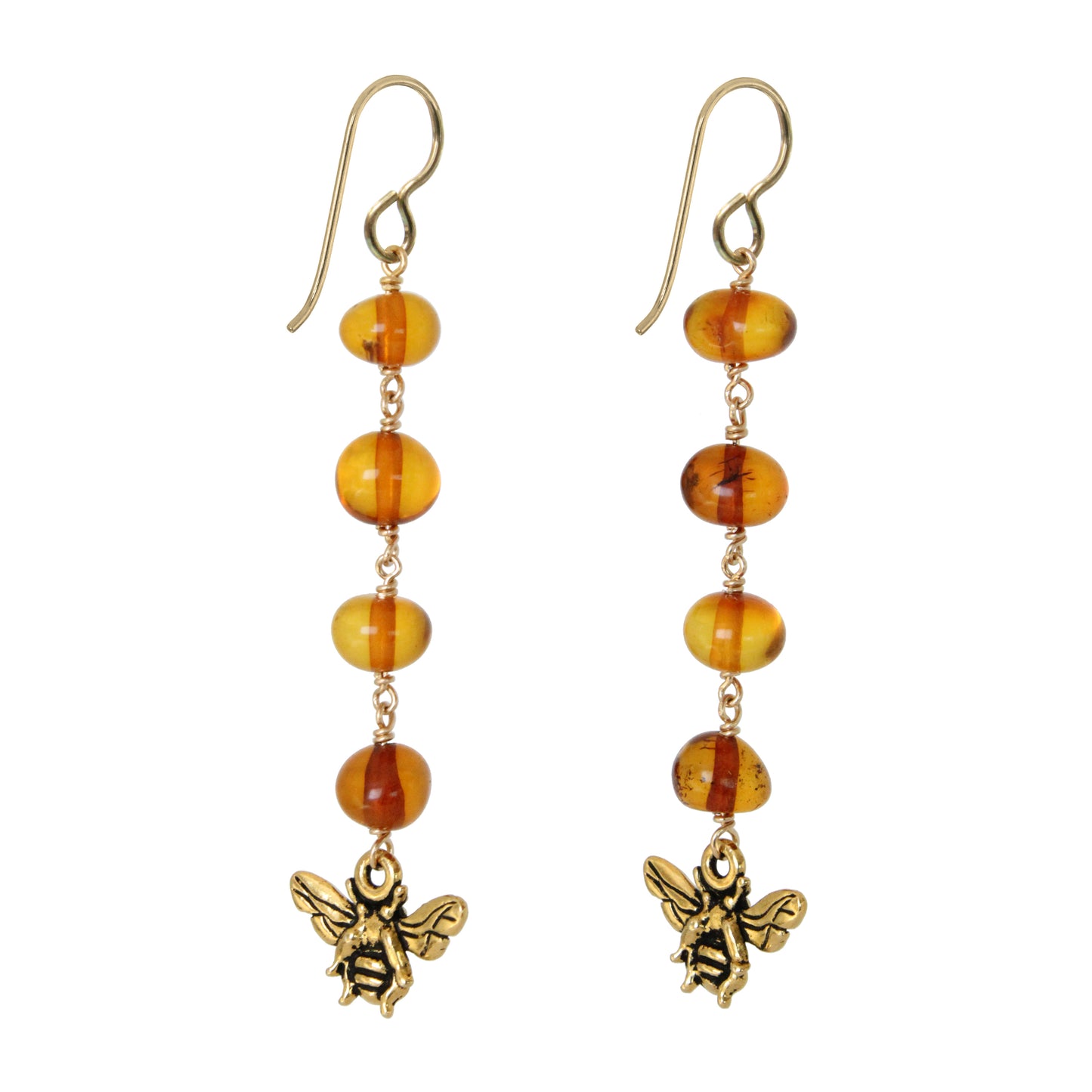 Honeybee Earrings / 65mm length / with Baltic amber and gold filled hook earwires